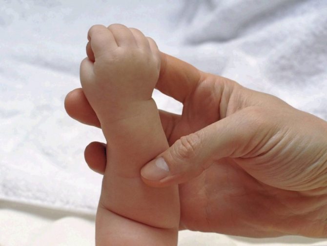 A child&#39;s hand grabs an adult&#39;s index finger
